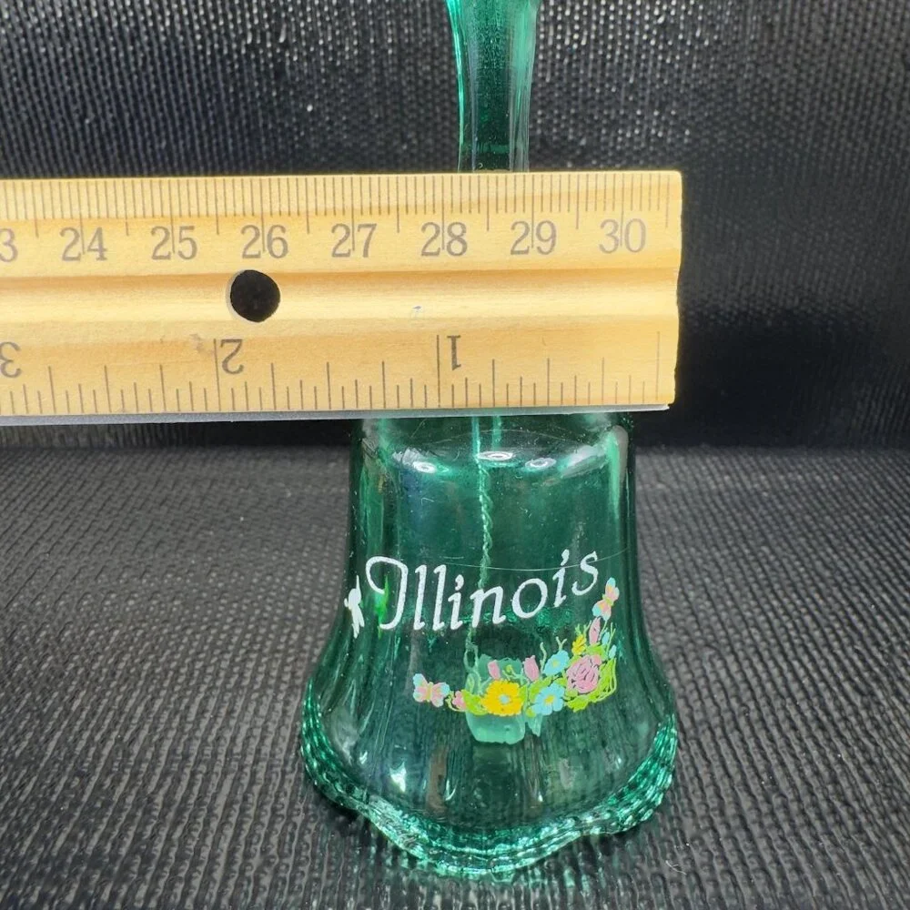 Vintage Illinois State Green Glass Bell Applied Flowers Glassware Figurine Decor